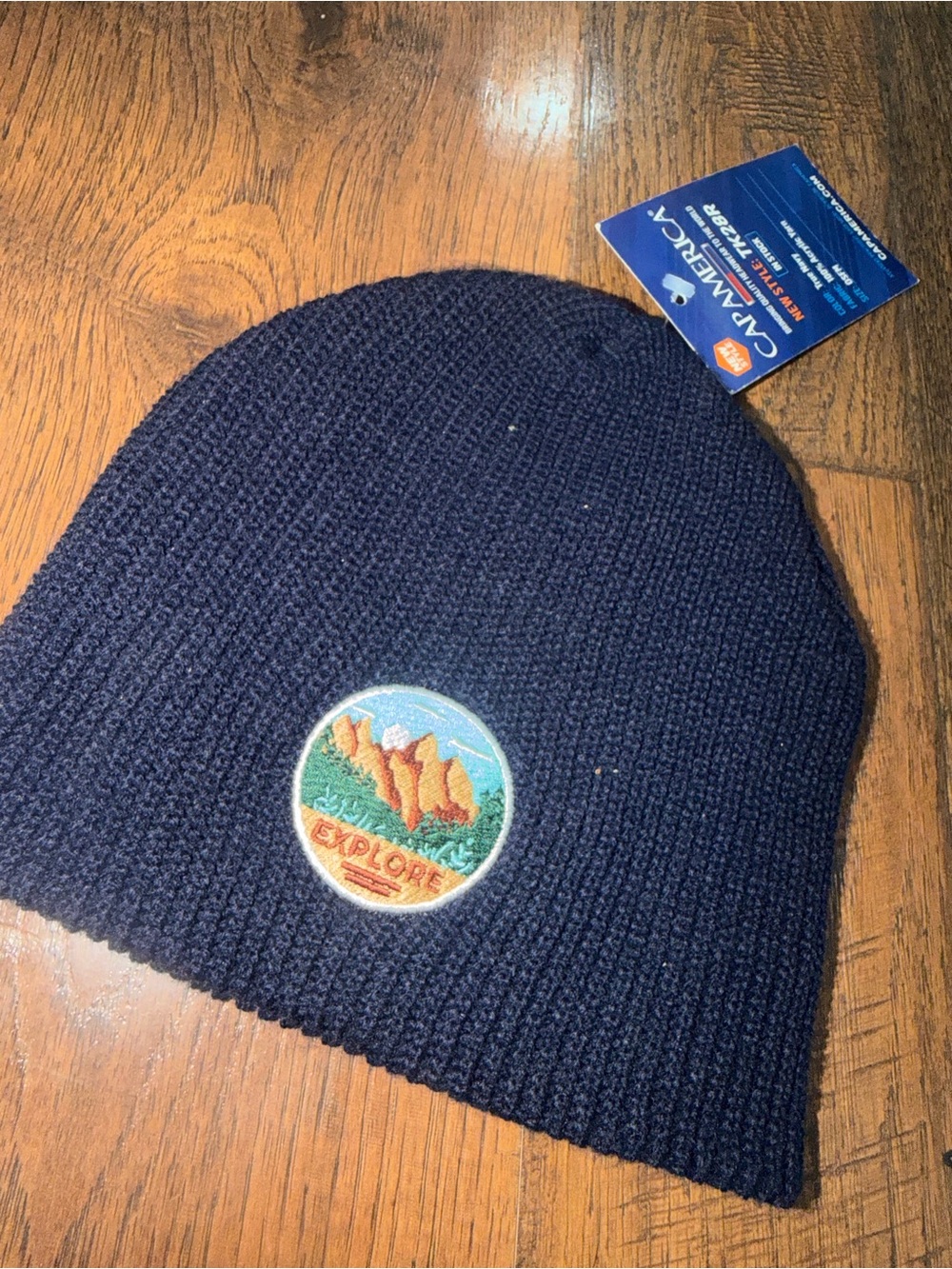 Kids Navy 'Explore' Patch Knit Beanie by